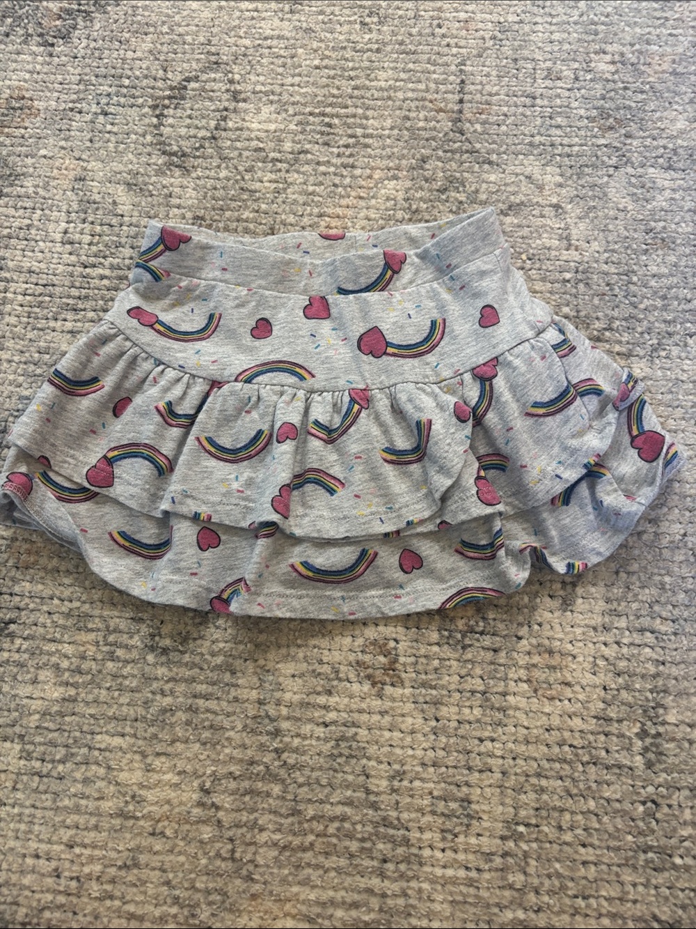 Girls' Gray Ruffle Skirt with Rainbow & Pink Heart Print